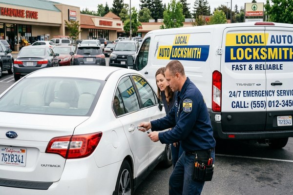 Auto locksmith nearby working on a vehicle door lock with programming equipment