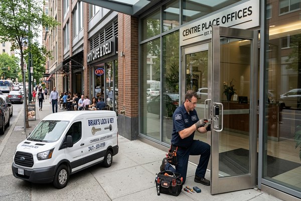 Commercial locksmith installing access control hardware at an office building entrance