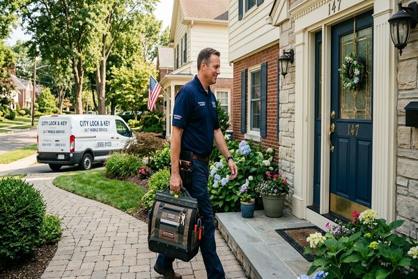 Residential locksmith working on a front door lock in a neighborhood setting